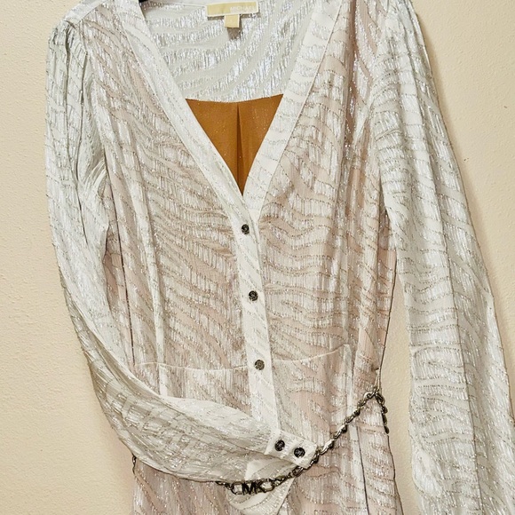 ✨ Michael Michael Kors Metallic Shimmer Midi Dress Chain Waist L - Picture 13 of 16